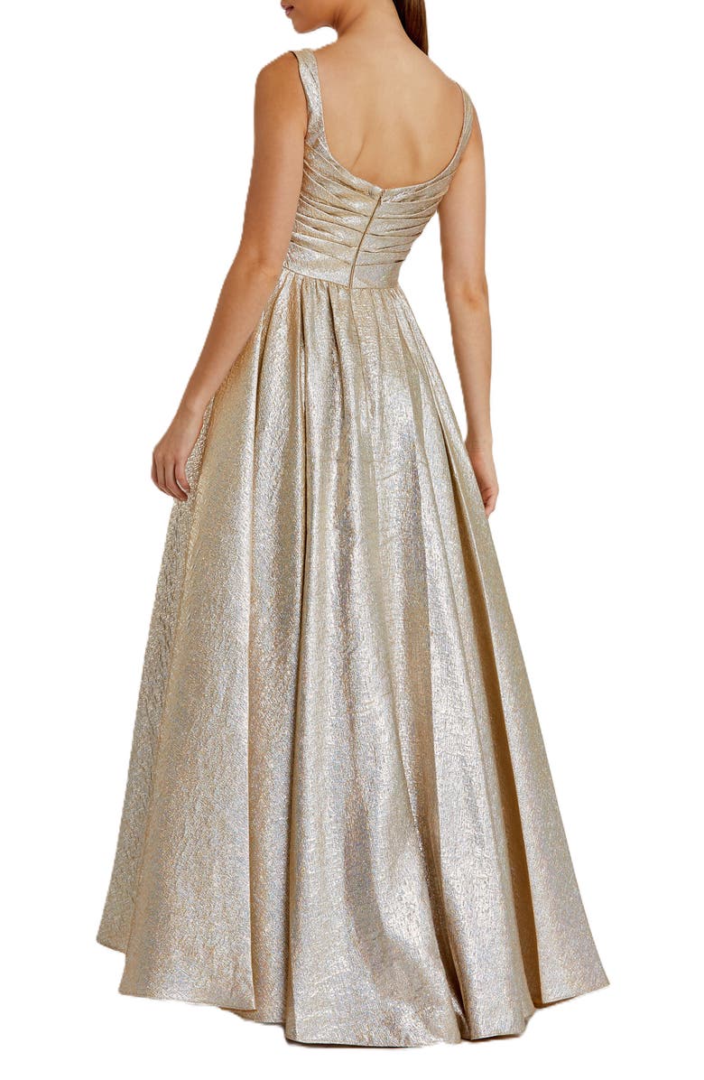 Mac Duggal Metallic Pleated Bodice Ballgown, Alternate, color, Oyster