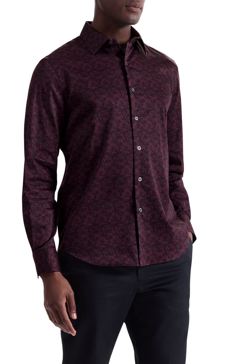 Bugatchi Julian Shaped Fit Abstract Print Button-Up Shirt, Alternate, color, Burgundy