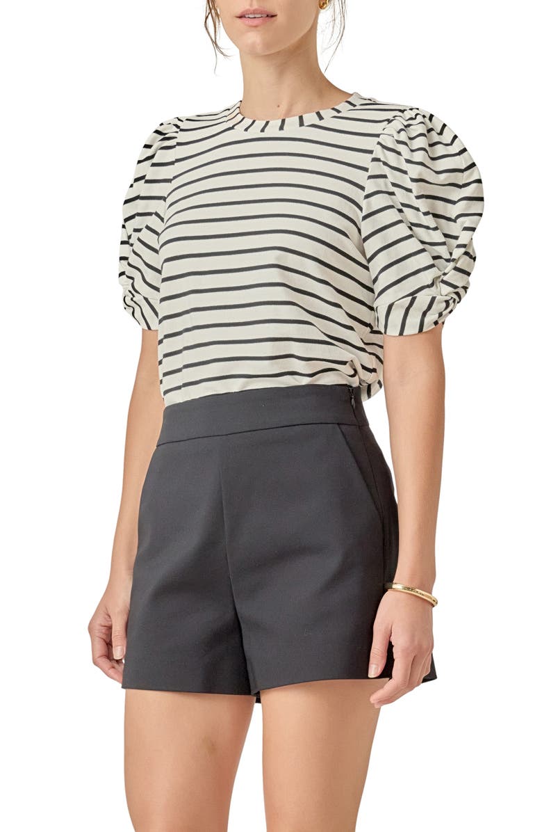 English Factory Stripe Puff Sleeve Stretch Cotton Top, Alternate, color, White/ Black