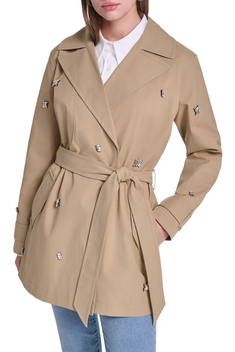 Rhinestone Embellished Short Trench Coat, Main, color, KHAKI