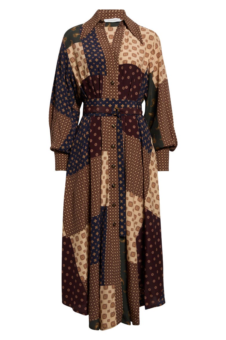 Patchwork Foulard Print Long Sleeve Midi Dress, Main, color, GEO PATCH PRINT