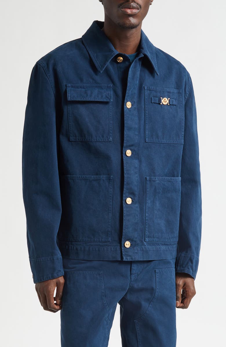Versace Overdyed Cotton Canvas Chore Jacket, Main, color, Petrol Blue
