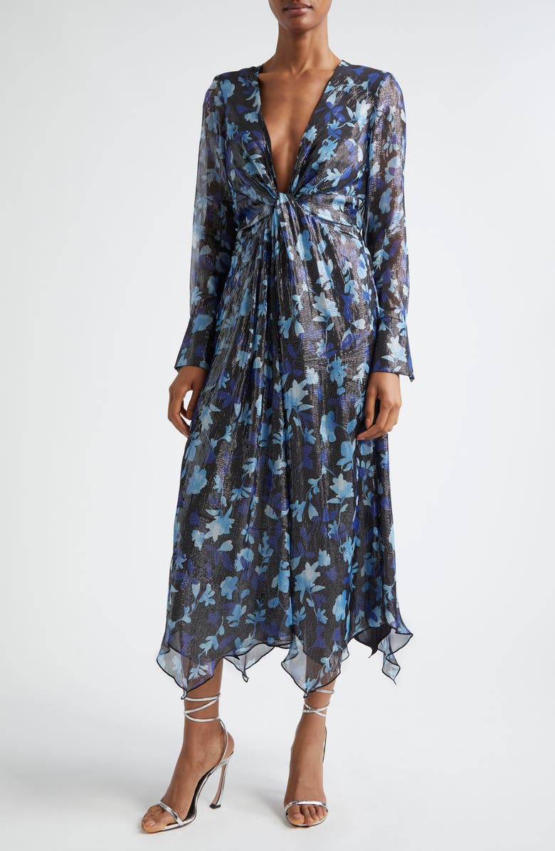 Ramy Brook Tatia Plunge Neck Asymmetric Hem Metallic Silk Dress, Main, color, 