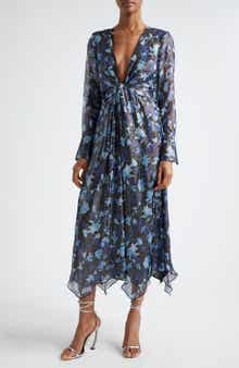 Ramy Brook Tatia Plunge Neck Asymmetric Hem Metallic Silk Dress