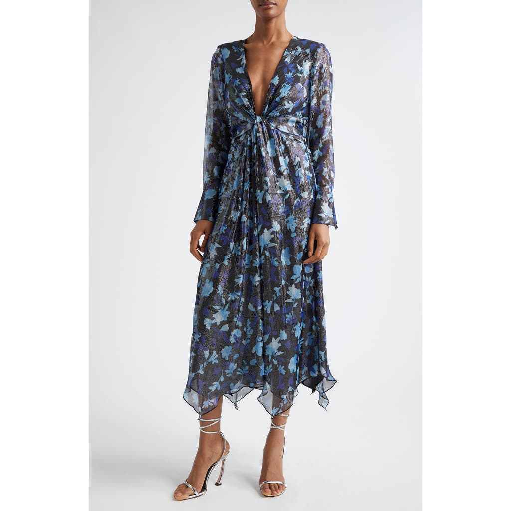 Ramy Brook Tatia Plunge Neck Asymmetric Hem Metallic Silk Dress in Dream Blue Twilight