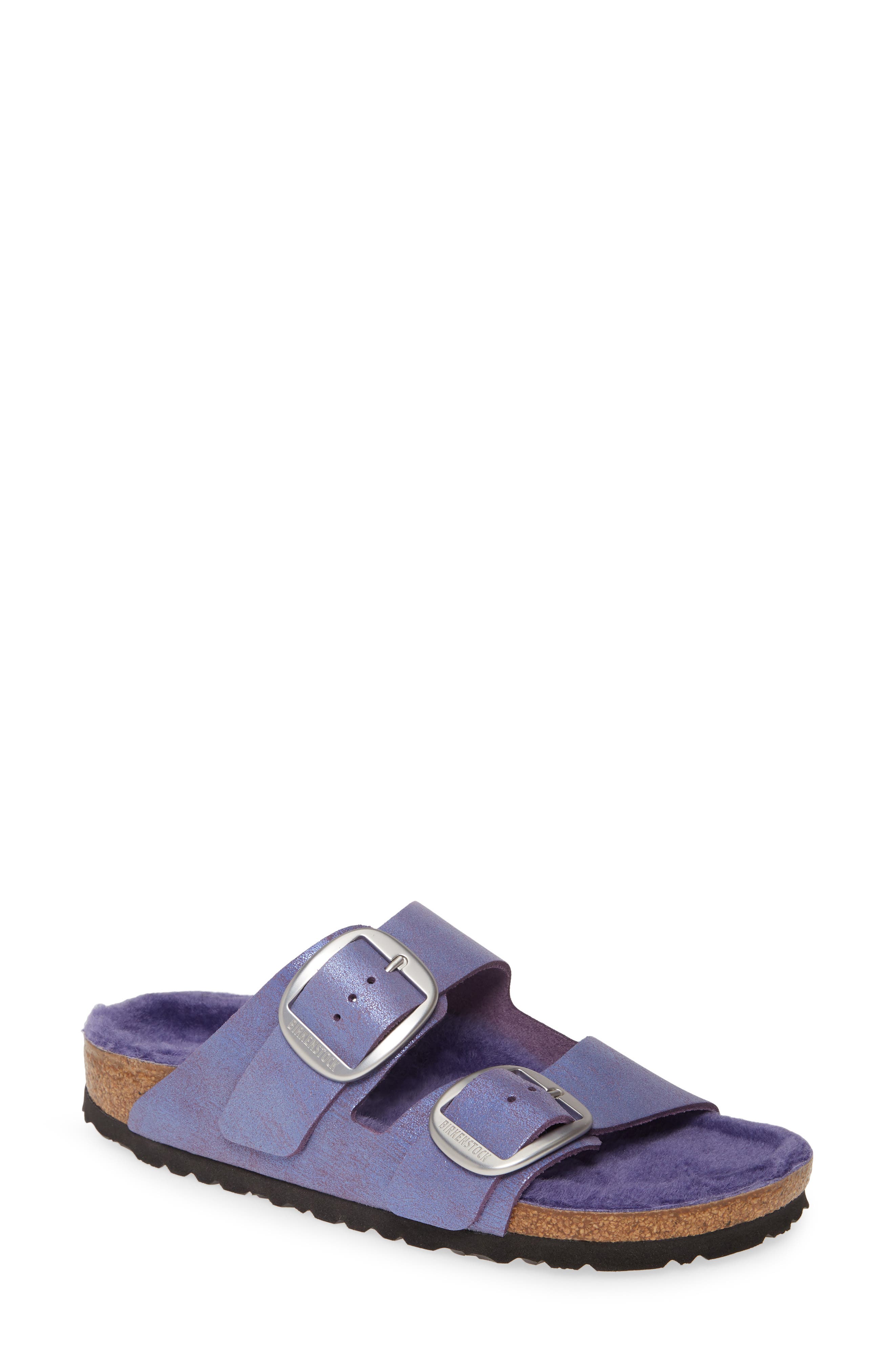 Perfect Pairs Arizona Big Buckle Sandal with Genuine Shearling Lining, Main, color, WASHED METALLIC VIOLET LEATHER