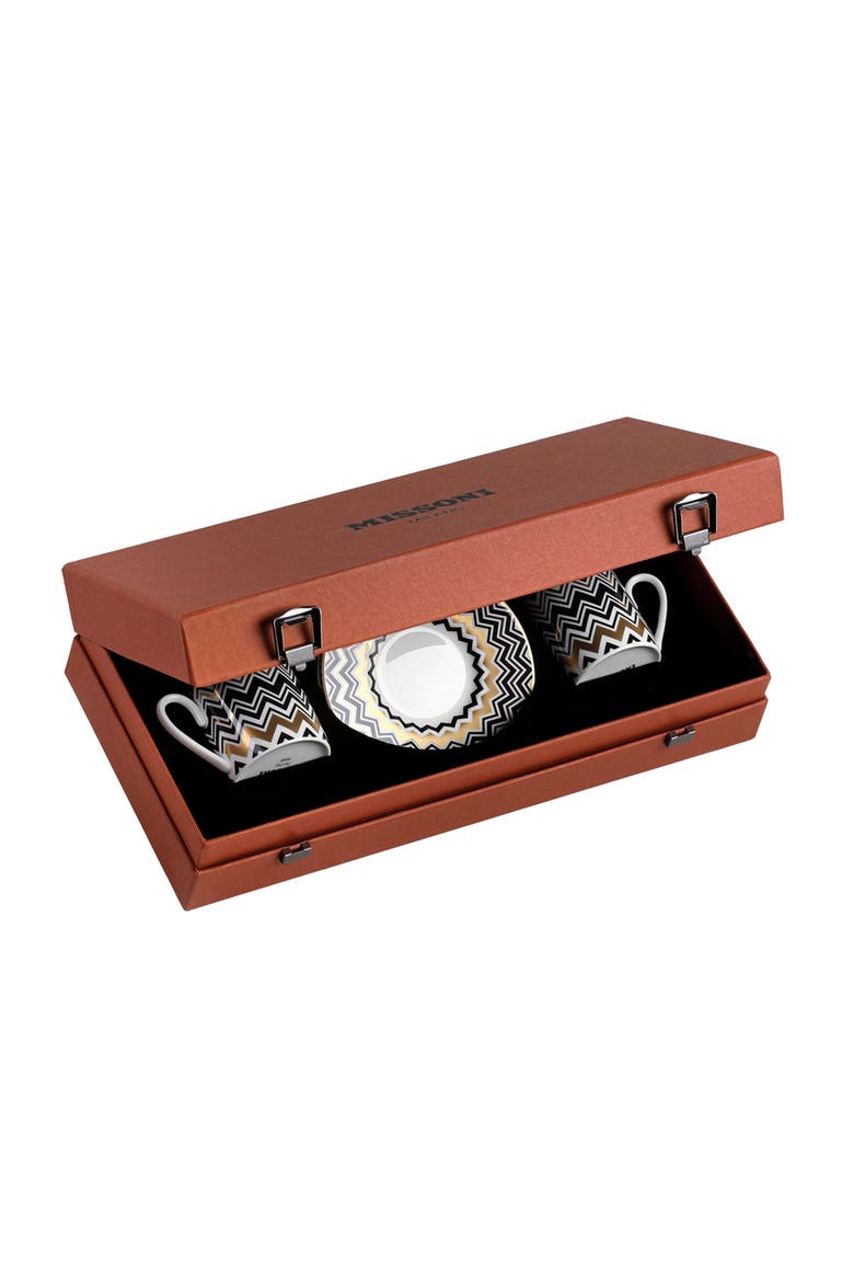 Coffee Cup & Saucer ZIG ZAG Set of 2 in Luxury Box Gold diam. 2.3", H 2.5", Cap. 4 oz, Saucer diam. 4.75", Main, color, Multicolor