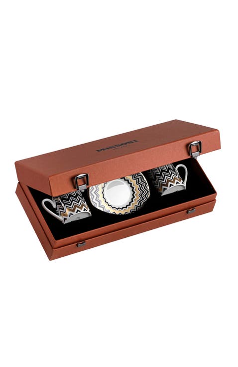 Coffee Cup & Saucer ZIG ZAG Set of 2 in Luxury Box Gold diam. 2.3", H 2.5", Cap. 4 oz, Saucer diam. 4.75"