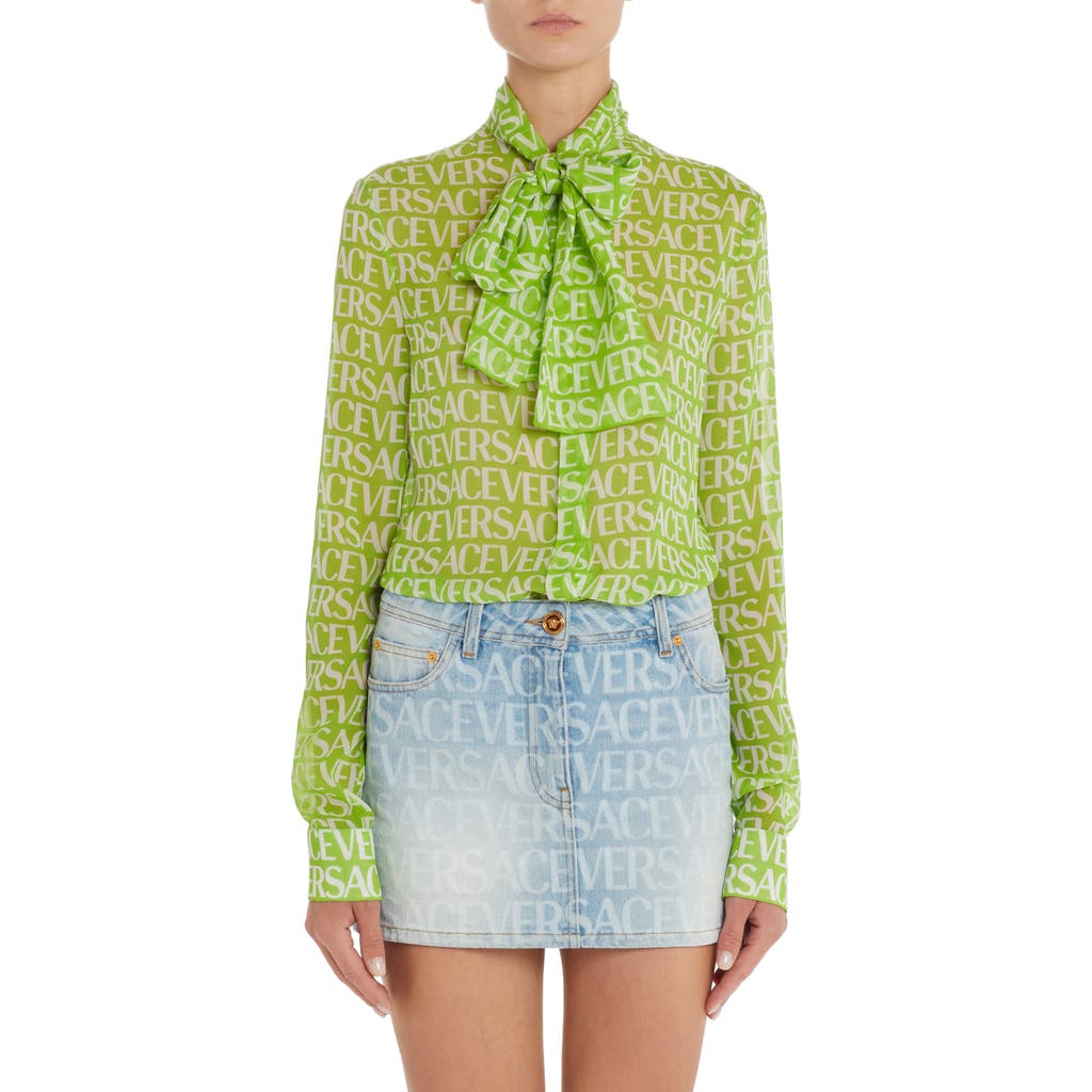 Versace Logo Print Semisheer Tie Neck Silk Blouse In Multi