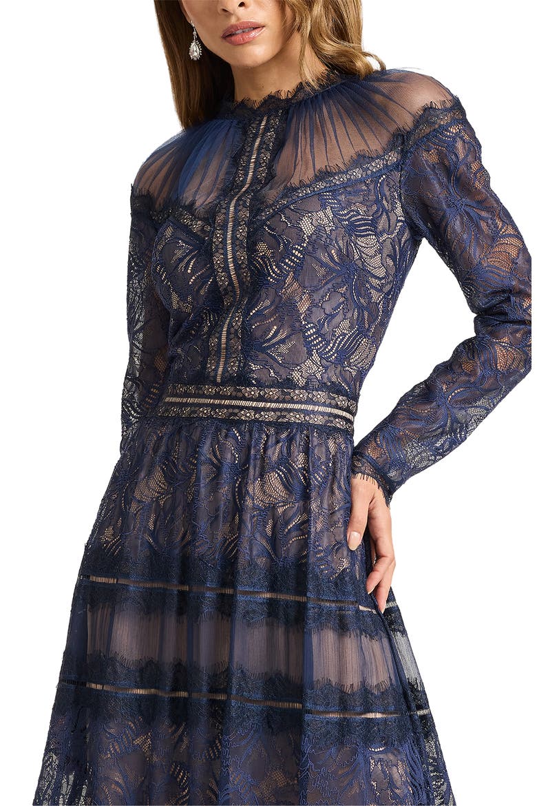Lace Illusion Neck Long Sleeve Gown, Alternate, color, ROYAL NAVY/ NUDE