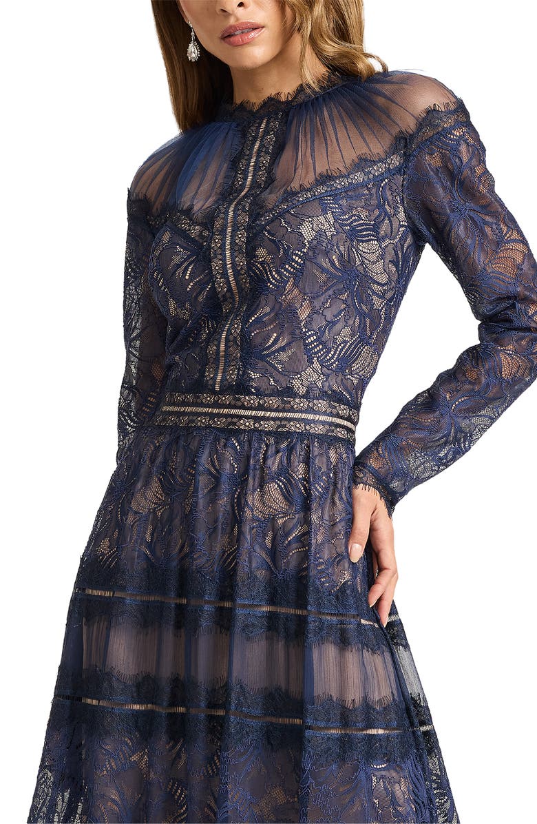 Tadashi Shoji Lace Illusion Neck Long Sleeve Gown, Alternate, color, Royal Navy/ Nude