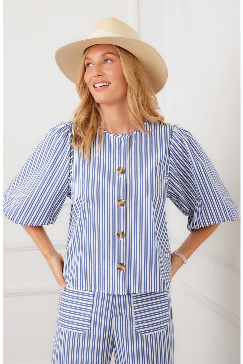 Puff Sleeve Button-Up Shirt, Alternate, color, BLUE/WHITE