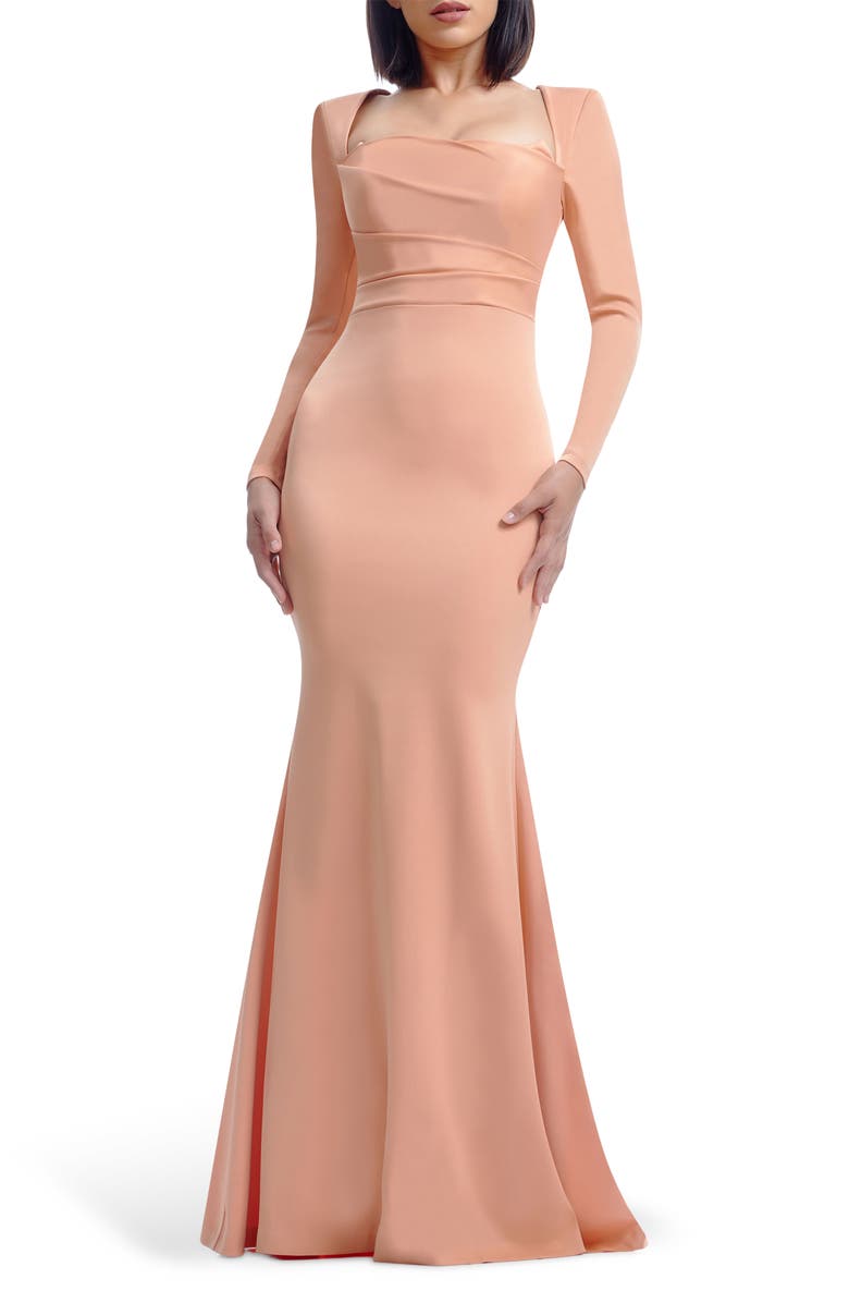 Dress the Population Delores Long Sleeve Evening Gown, Main, color, Coral