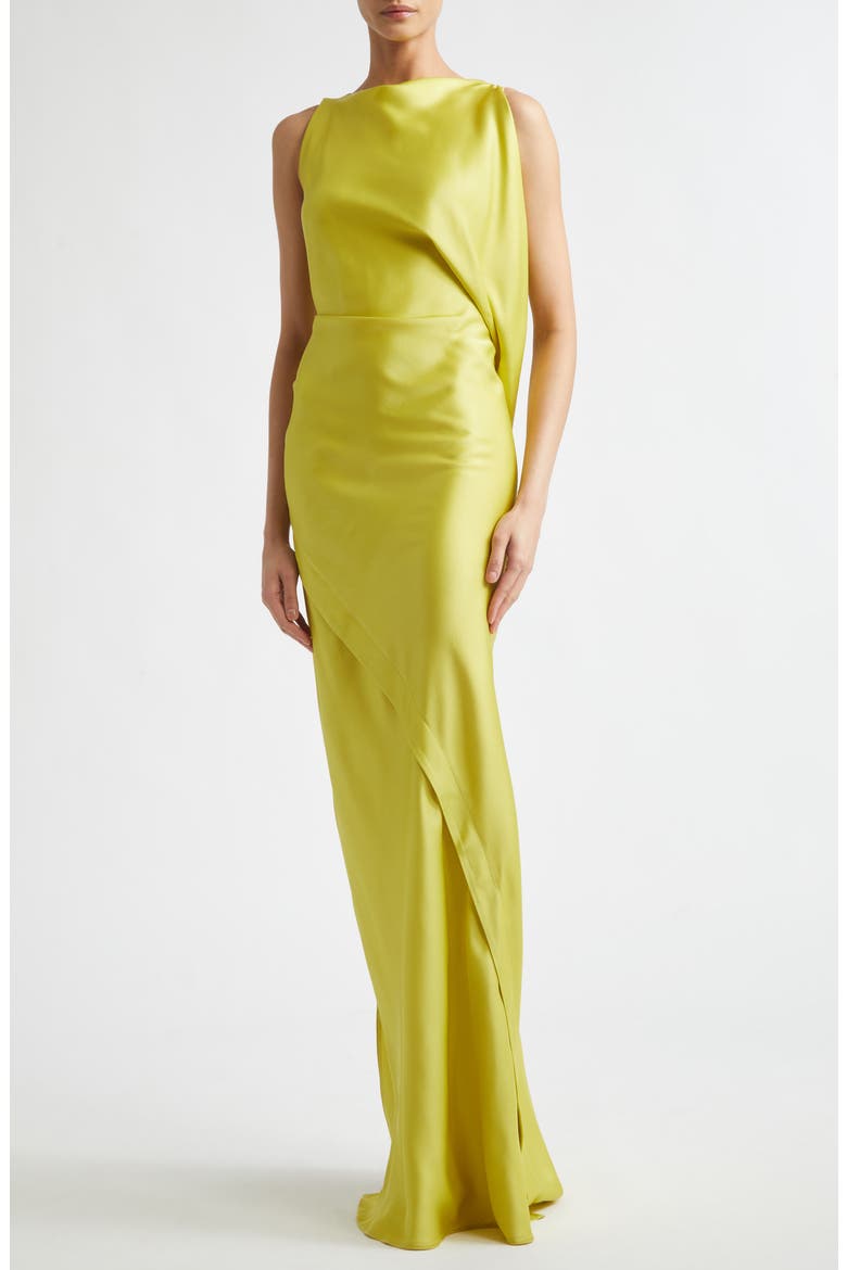 Kyra Sleeveless Draped Satin Gown, Alternate, color, CHARTREUSE