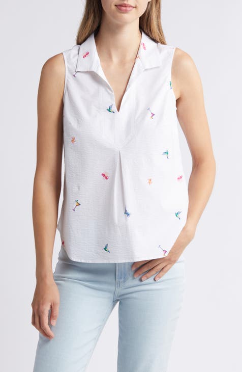 Seaside Party Embroidered Stretch Cotton Sleeveless Top