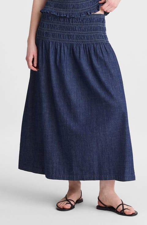 Smocked Waist Denim Midi Skirt