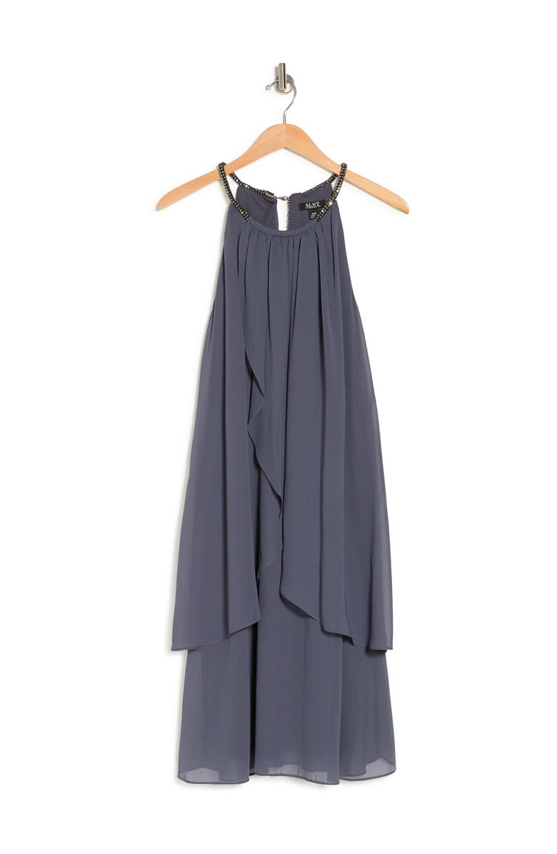 SL FASHIONS Split Front Chiffon Beaded Dress, Alternate, color, Steel