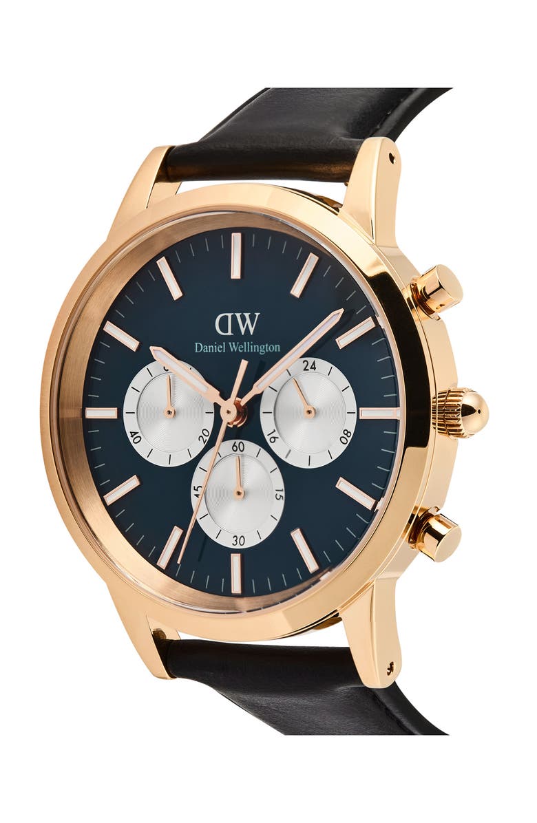 Daniel Wellington Iconic Chronograph Leather Strap Watch, 42mm, Alternate, color, Rose Gold