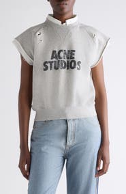 Acne Studios Mixed Media Distressed Cap Sleeve Logo Graphic Sweatshirt