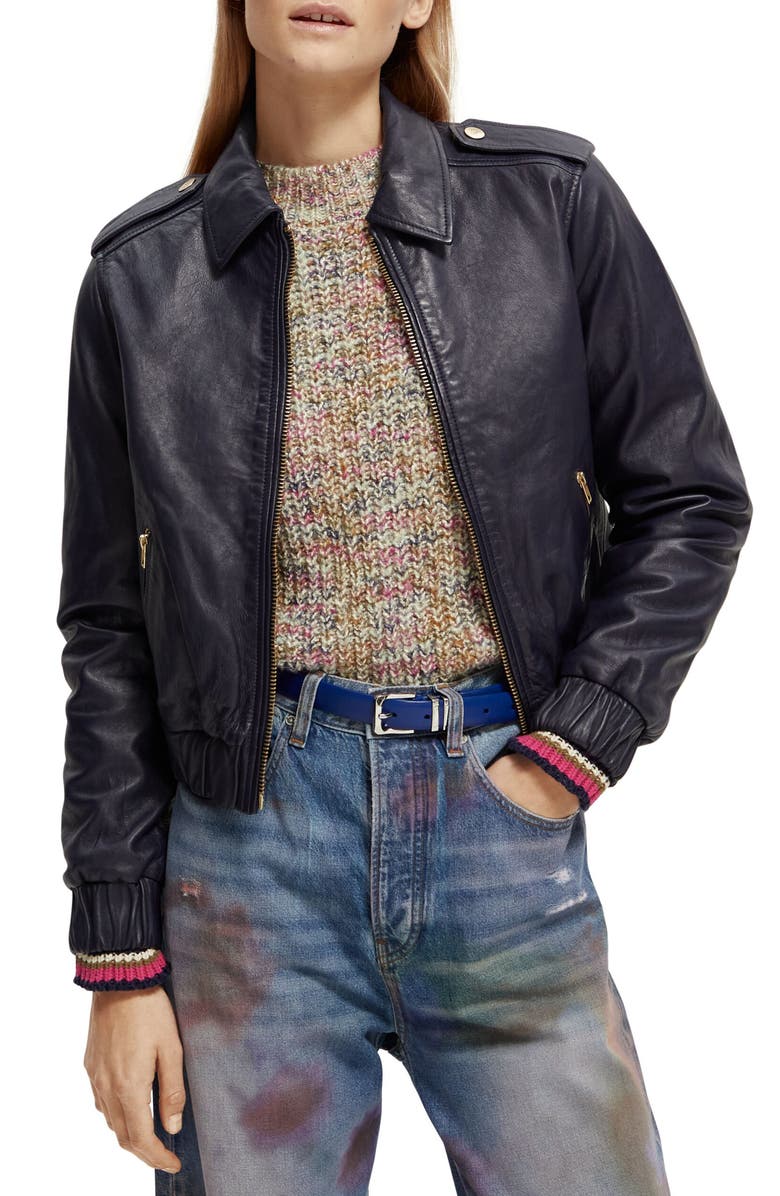 Scotch & Soda Leather Bomber Jacket, Main, color,