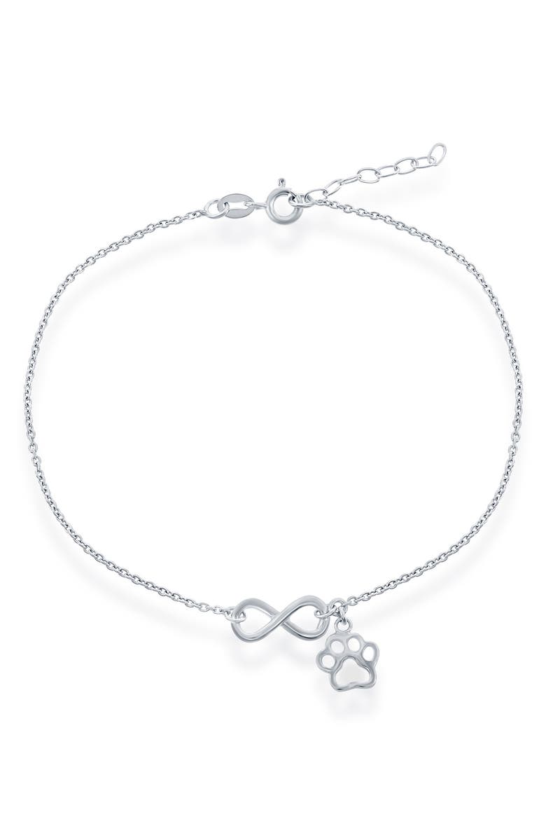 SIMONA Sterling Silver Infinity Paw Print Charm Anklet, Main, color, 