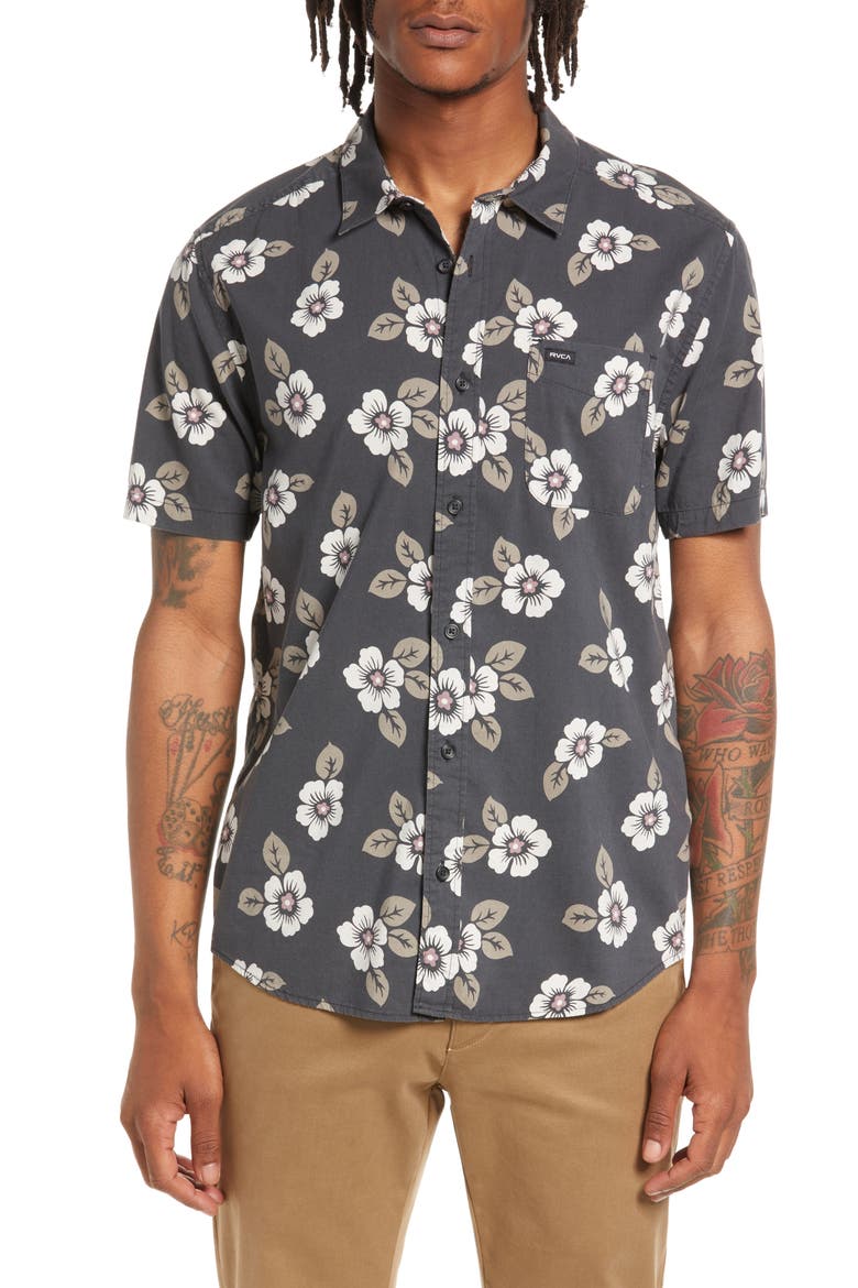 Botanical Short Sleeve Button-Up Shirt, Main, color, BLACK
