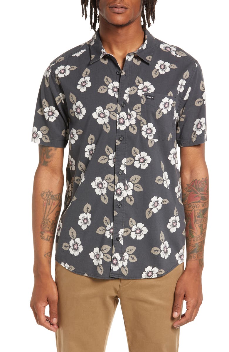 RVCA Botanical Short Sleeve Button-Up Shirt, Main, color, 