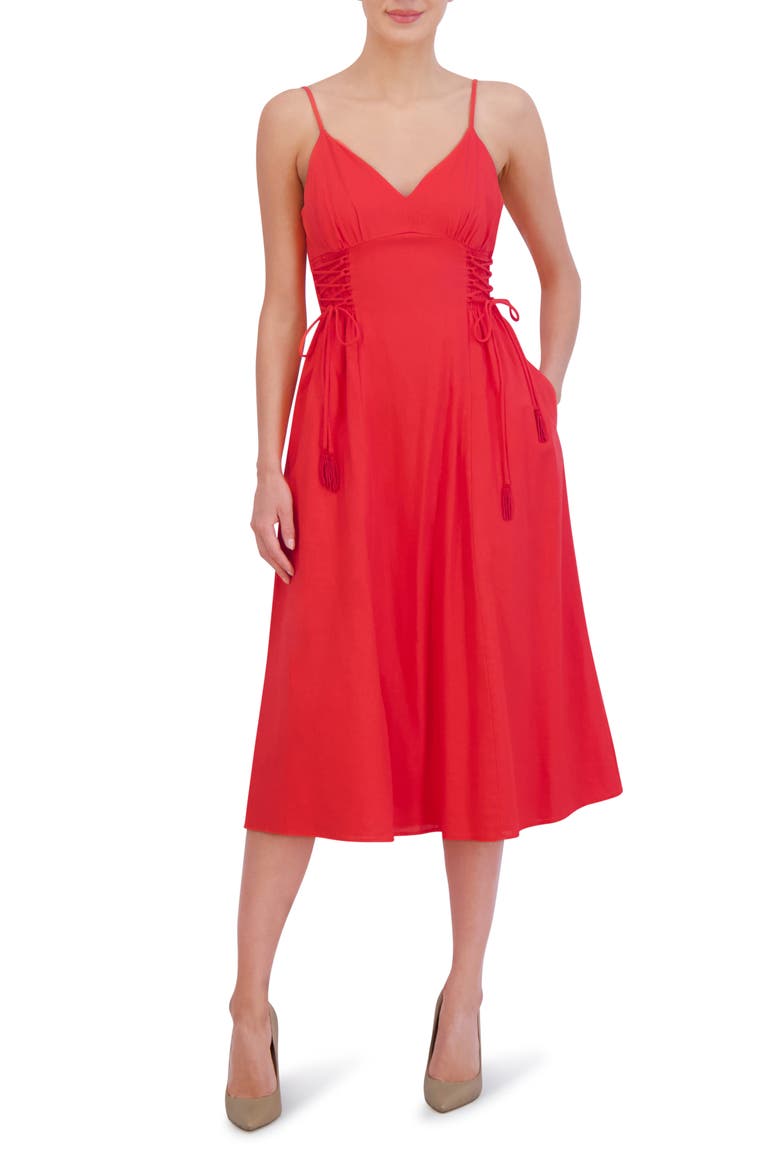 Side Tie Detail Linen Blend Midi Dress, Main, color, POPPY