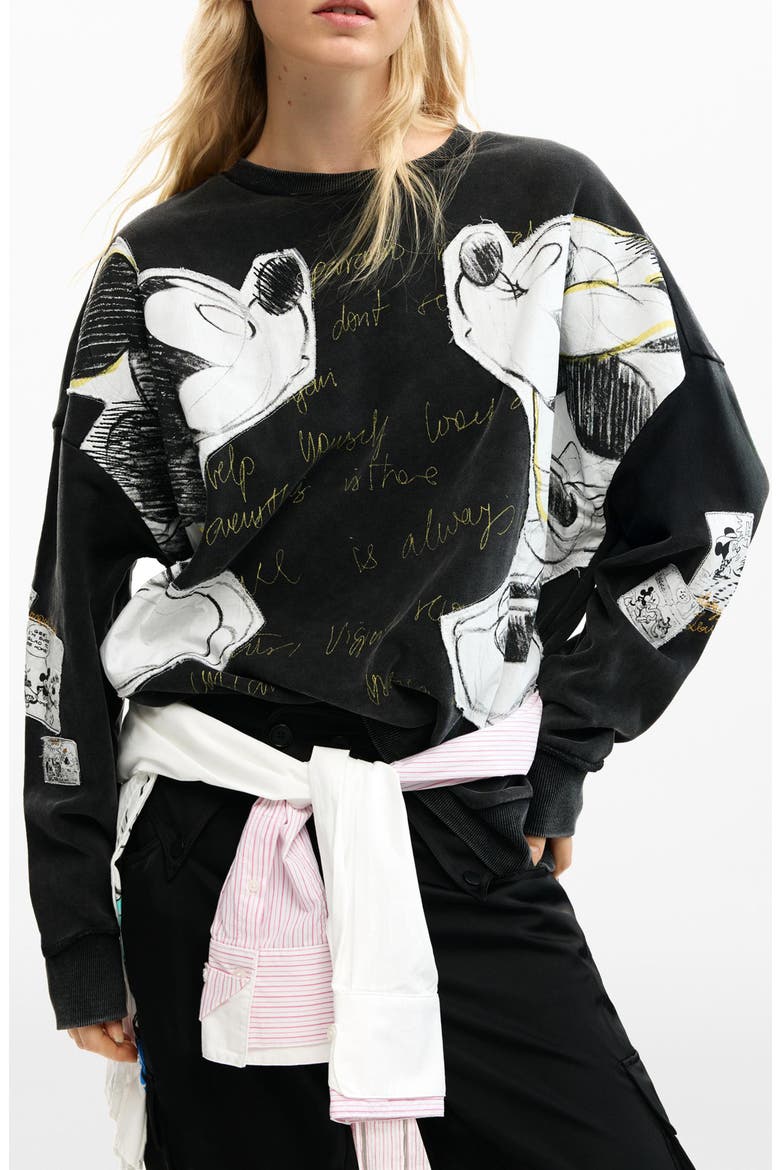 Mickey & Minnie Mouse Patch Distressed French Terry Sweatshirt, Main, color, BLACK
