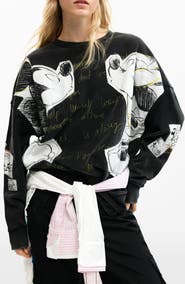 Desigual Mickey & Minnie Mouse Patch Distressed French Terry Sweatshirt