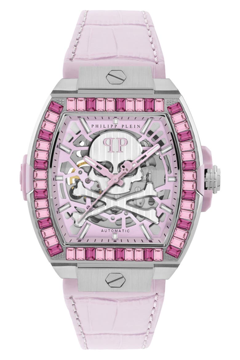 The $keleton 2.0 Automatic Leather Strap Watch, 44mm, Main, color, STAINLESS STEEL