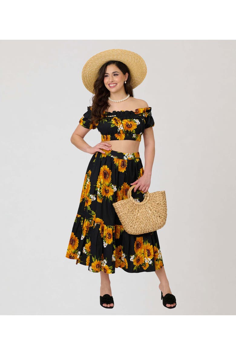 1950s Tiered Midi Skirt, Alternate, color, Black Sunflower Print