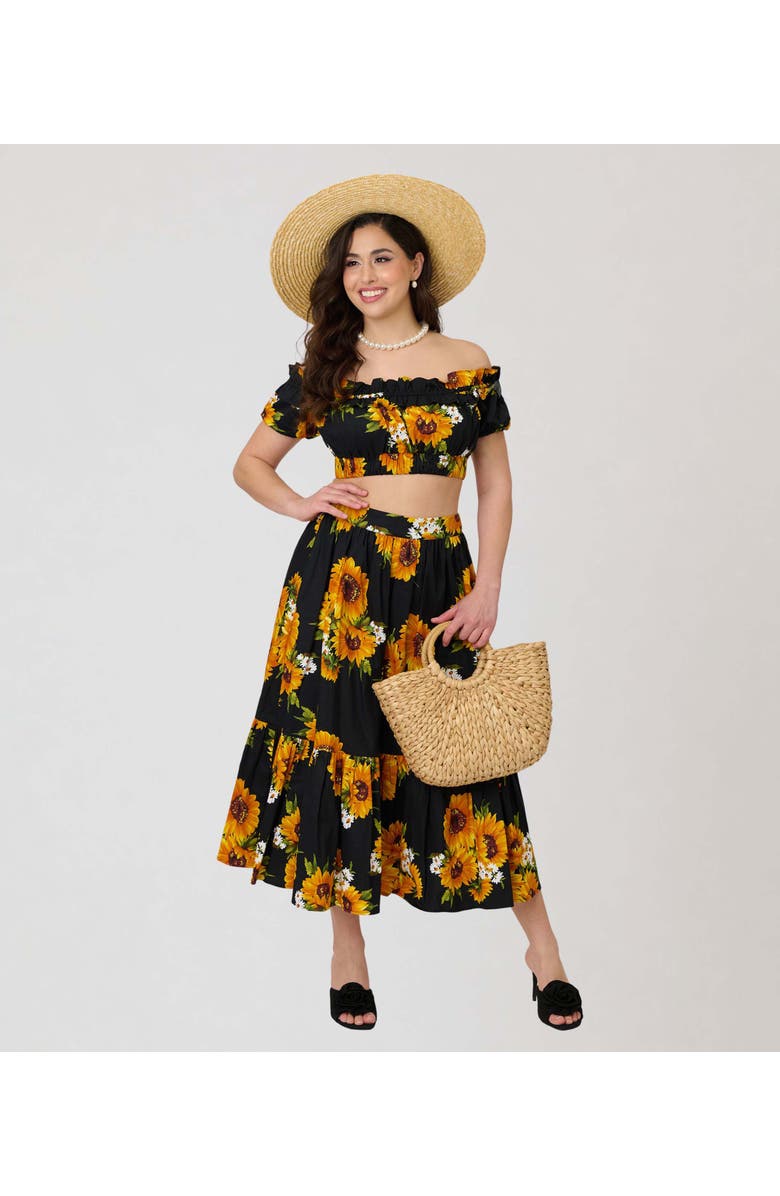 Unique Vintage 1950s Tiered Midi Skirt, Alternate, color, Black Sunflower Print