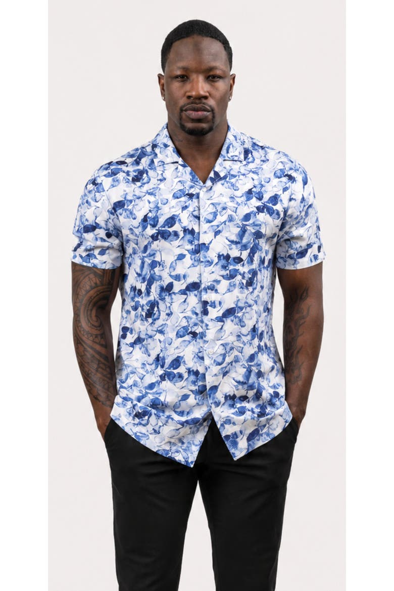 Tropical Print Button-Down Hawaiian Camp Shirt, Main, color, Anchorage Indigo