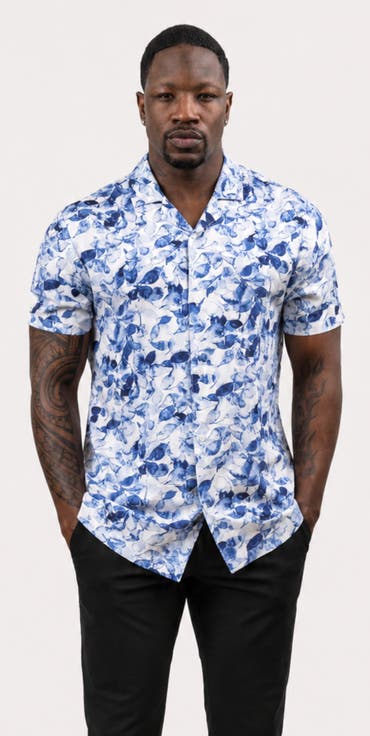 Tropical Print Button-Down Hawaiian Camp Shirt