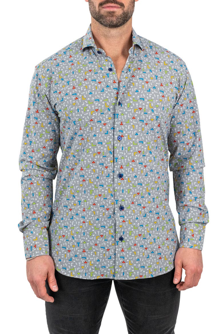 Einstein Stretch Tetris Button-Up Shirt, Main, color, WHITE