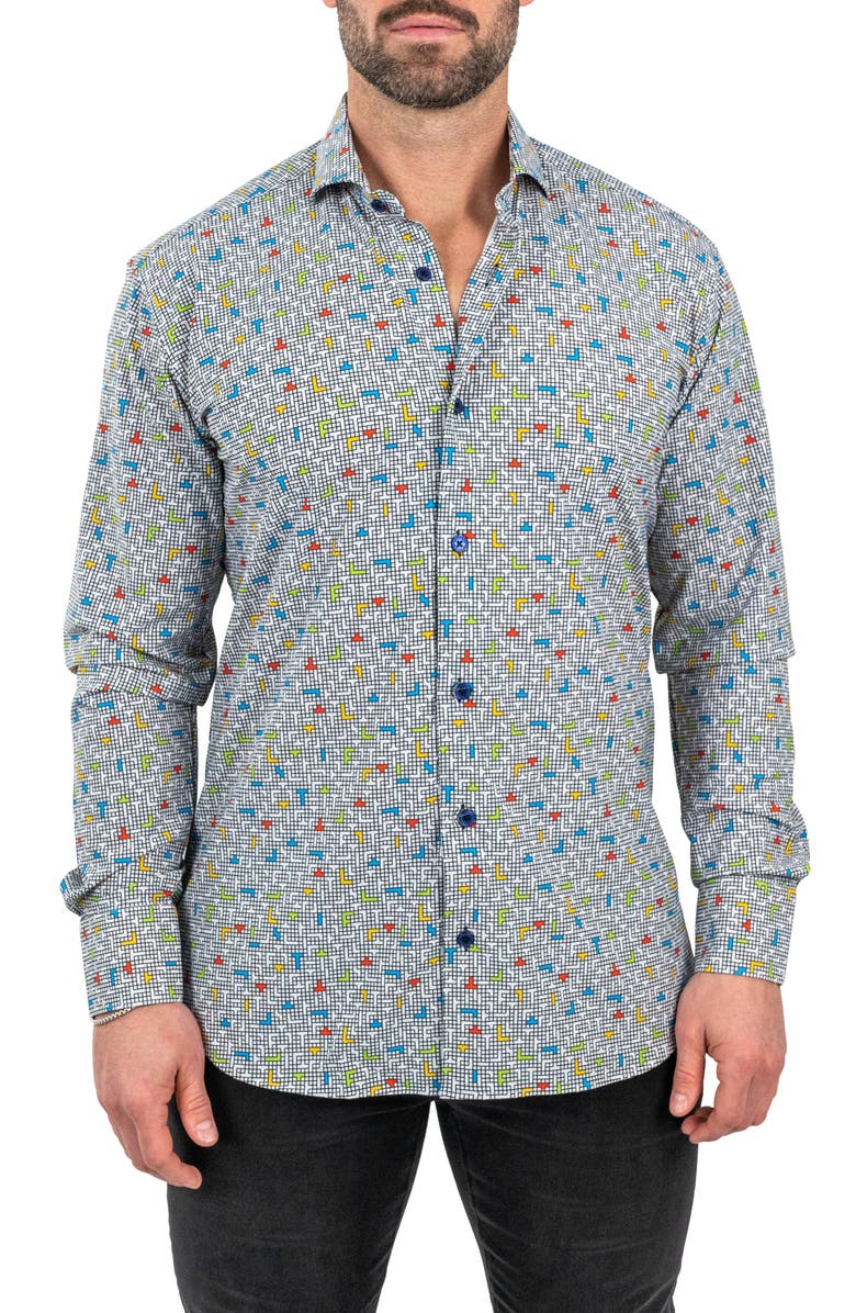 Maceoo Einstein Stretch Tetris Button-Up Shirt, Main, color, White