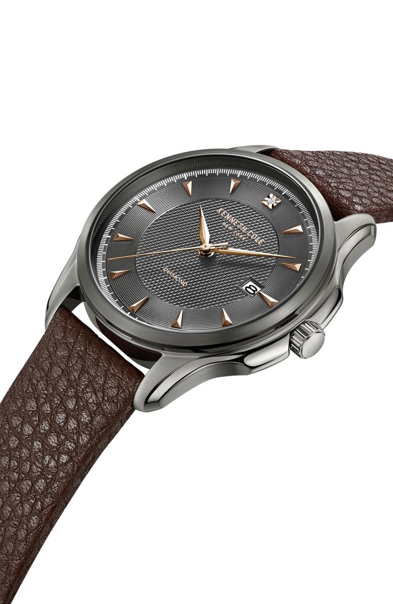 Kenneth Cole New York Diamond Dial Three Hand Quartz Leather Strap Watch, 42mm, Alternate, color, Brown