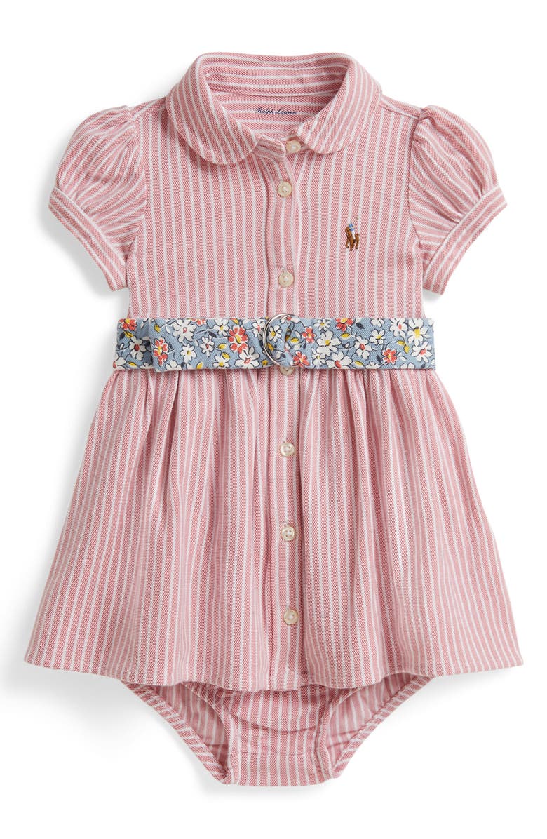 Ralph Lauren Oxford Stripe Cotton Piqué Belted Shirtdress & Bloomers, Main, color, Desert Rose Multi