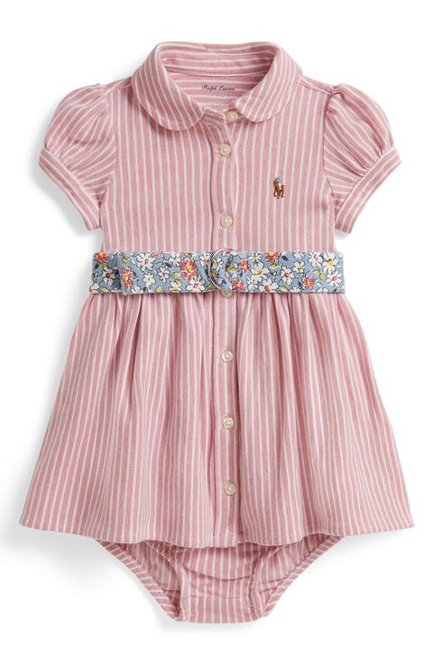 Oxford Stripe Cotton Piqué Belted Shirtdress & Bloomers (Baby)
