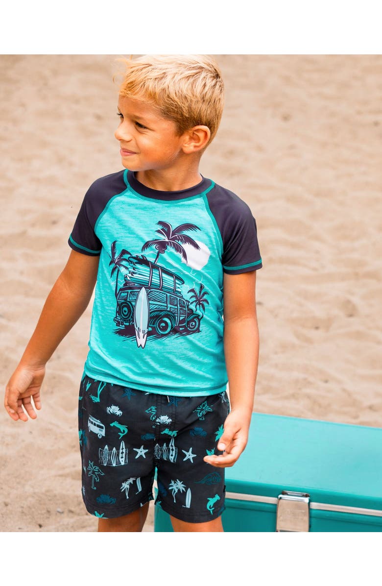 Deux par Deux Little Boy's Printed Swim Trunks Light Blue Beach On Black, Alternate, color, 
