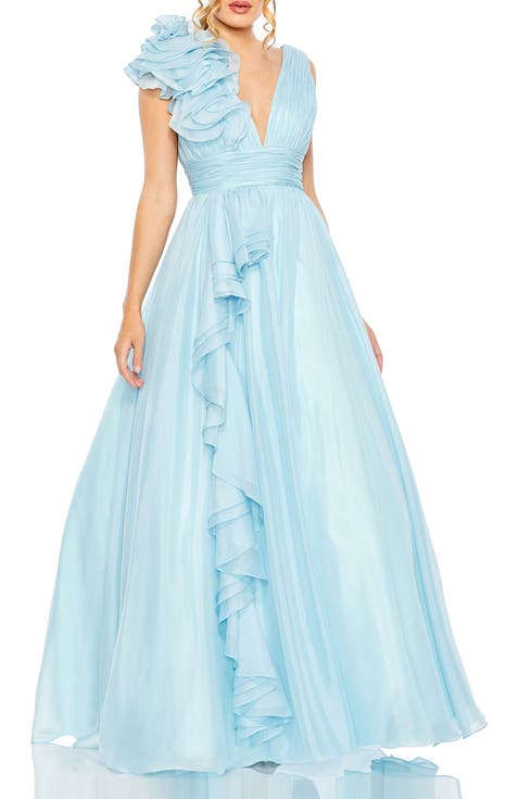 Single Cascading Ruffle Shoulder V-Neck Chiffon Gown