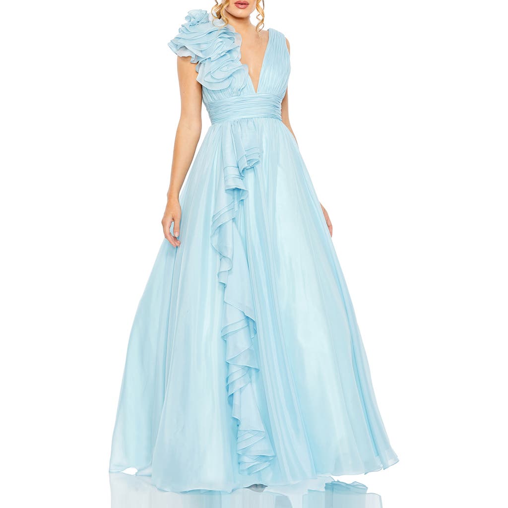 Mac Duggal Single Cascading Ruffle Shoulder V-neck Chiffon Gown In Powder Blue