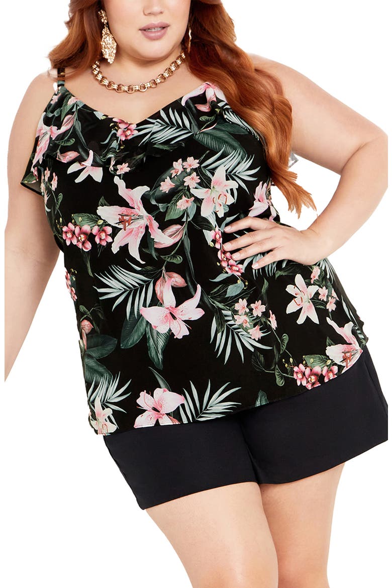 Violet Ophelia Floral Ruffle Camisole, Main, color, BLACK PRINT