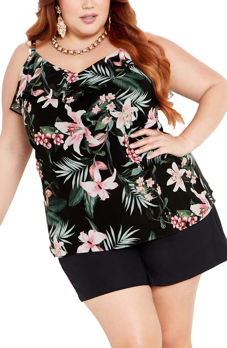 City Chic Violet Ophelia Floral Ruffle Camisole, Main, color, Black Print