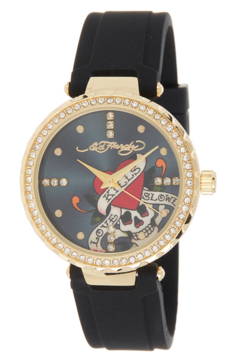 Ed Hardy Silicone Strap Watch, 36mm, Main, color, Matte Black