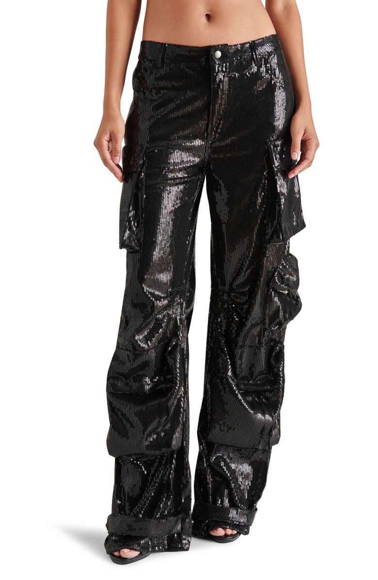 Steve Madden Duo Sequin Straight Leg Cargo Pants, Main, color, Black