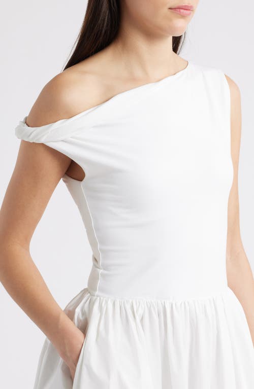 En Saison Mixed Media Asymmetric Neck Midi Dress In White