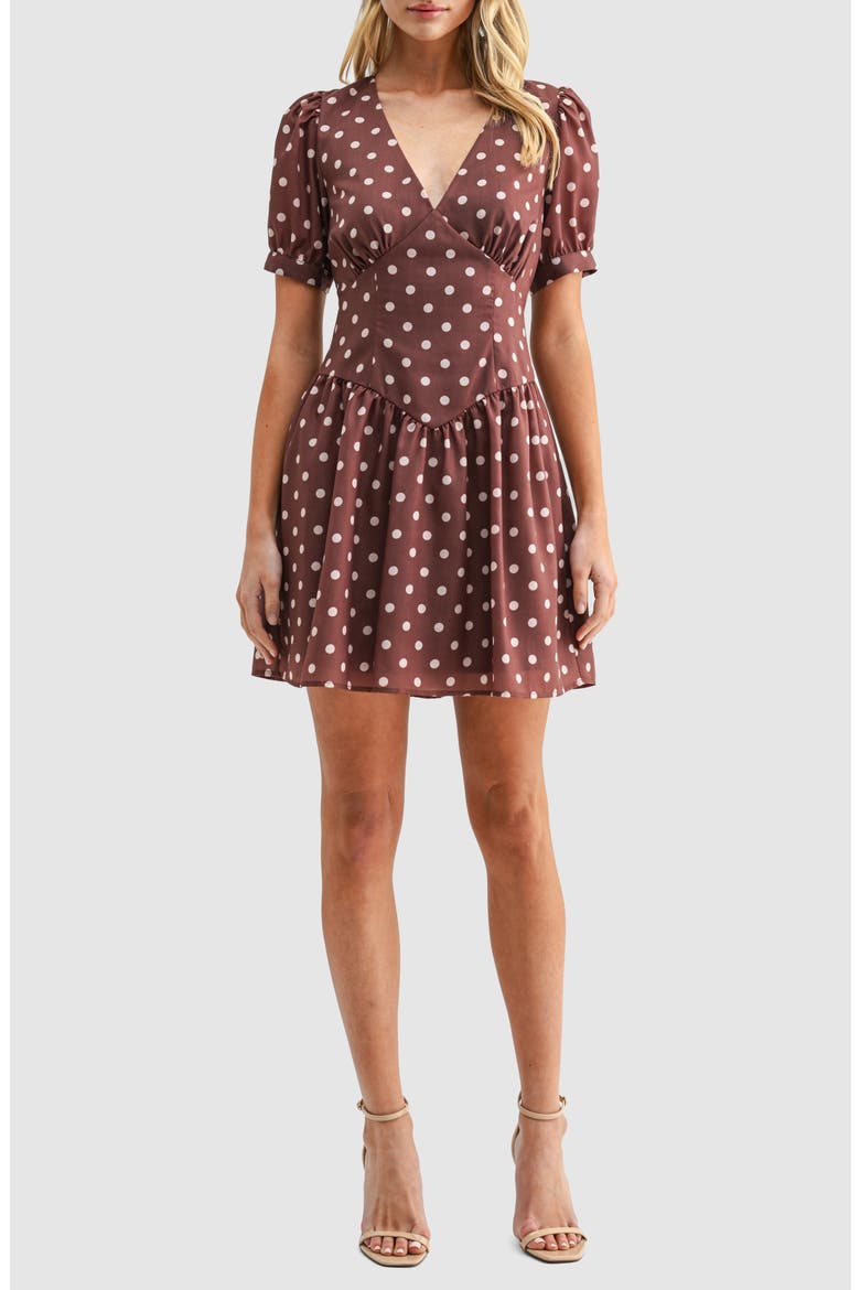 Polka Dot Puff Sleeve A-Line Minidress, Main, color, BROWN CREAM
