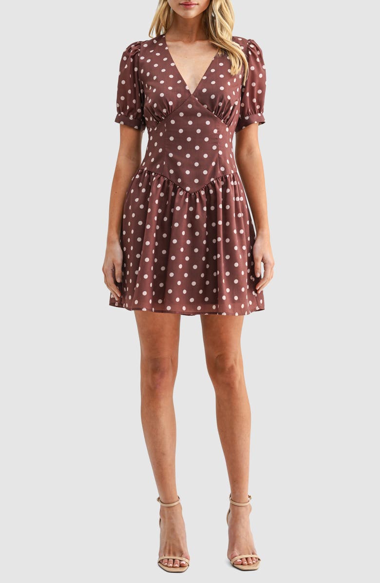 All in Favor Polka Dot Puff Sleeve A-Line Minidress, Main, color, Brown Cream